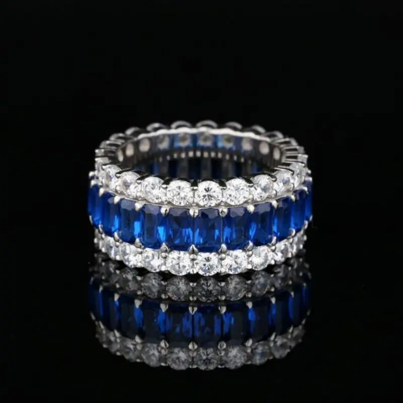 

925 Sterling Silver White Gold Plated 4 Colors Baguette Cut And Round Cubic Zirconia Triple Row Eternity Ring Fine Jewelry