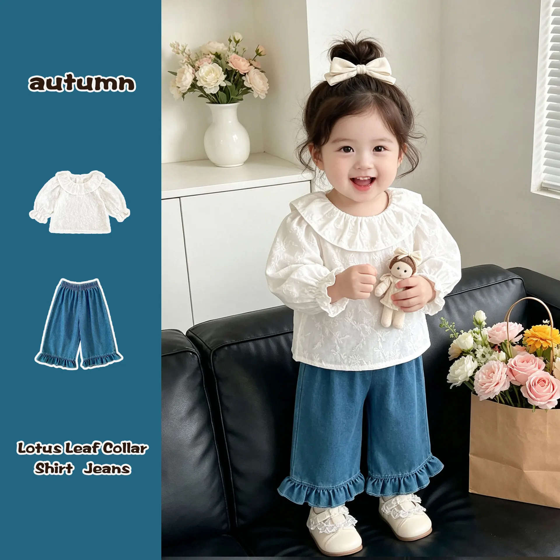 2026 Baby Girl Autumn Fashion Two Piece Set Embroidered Long Sleeve Shirt Western Cowboy Nine Leg Pants Girls' Set