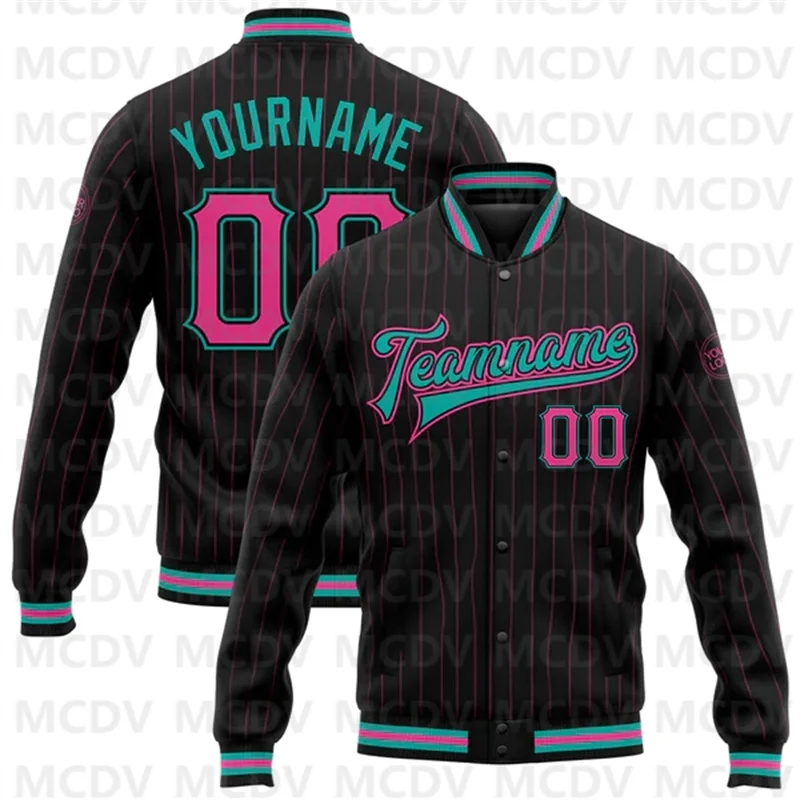 Jaqueta personalizada Varsity Letterman, jaqueta impressa 3D botão de beisebol, bombardeiro preto rosa pinstripe Aqua, snap completo