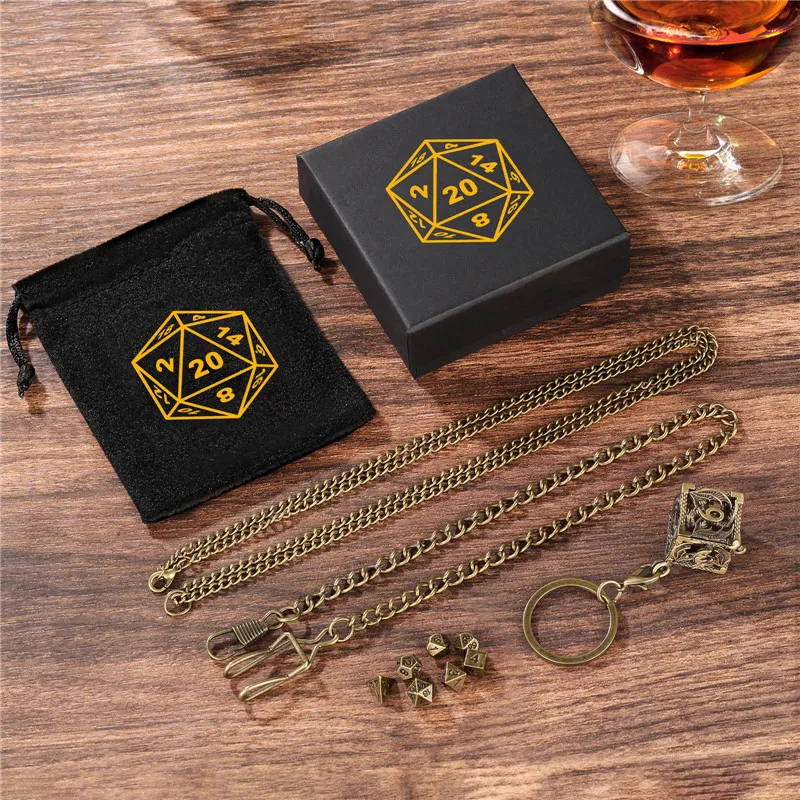 خمر الجوف D6 حالة مع 7 قطعة/المجموعة البسيطة المعادن متعدد السطوح النرد حلقة رئيسية قلادة سلسلة بدلاية لعب الأدوار منضدية الألعاب #1