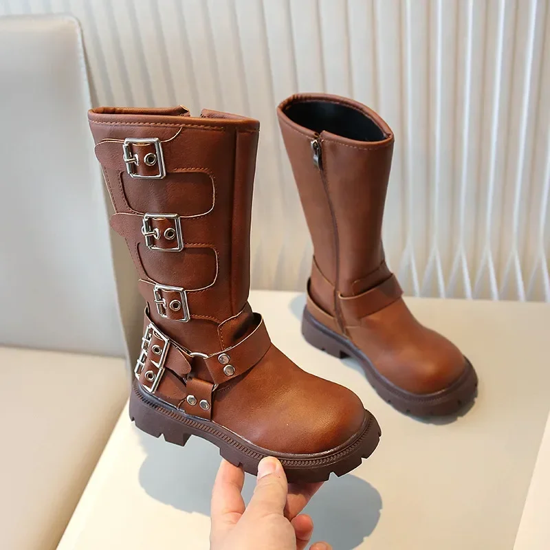 Girls\' Shoes Zip Calf Boots for Girls Kids 2023 Autumn Children\'s Non-slip Shoe Metal Buckle Fashion Motorcycle Boot 27-37