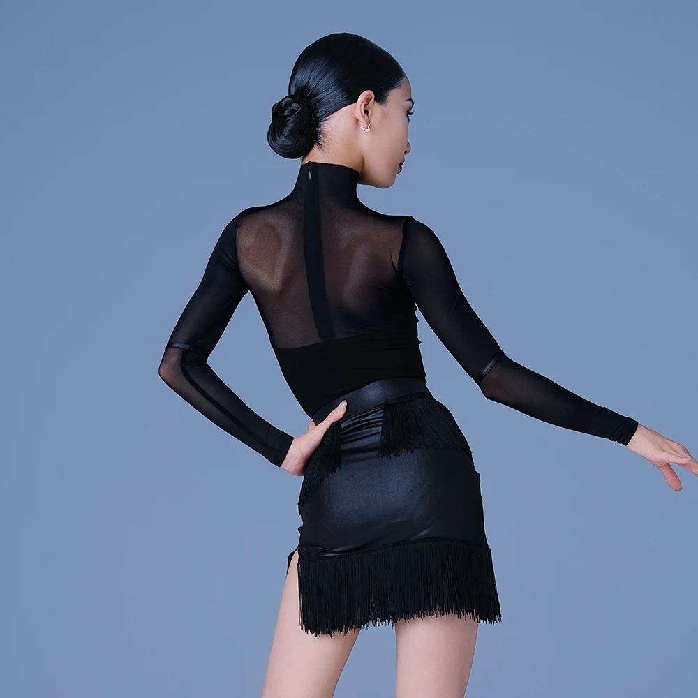 Vennystyle Latin dance training dress Long sleeve splicing design top fringe half skirt women\'s professional training dress