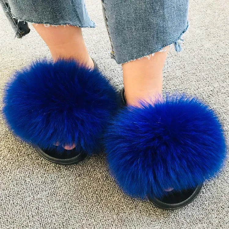 2024 Real Fox Fur Slides Wholesale Furry Sliders Women Ladies Fur Slippers hand mada amazing Quality