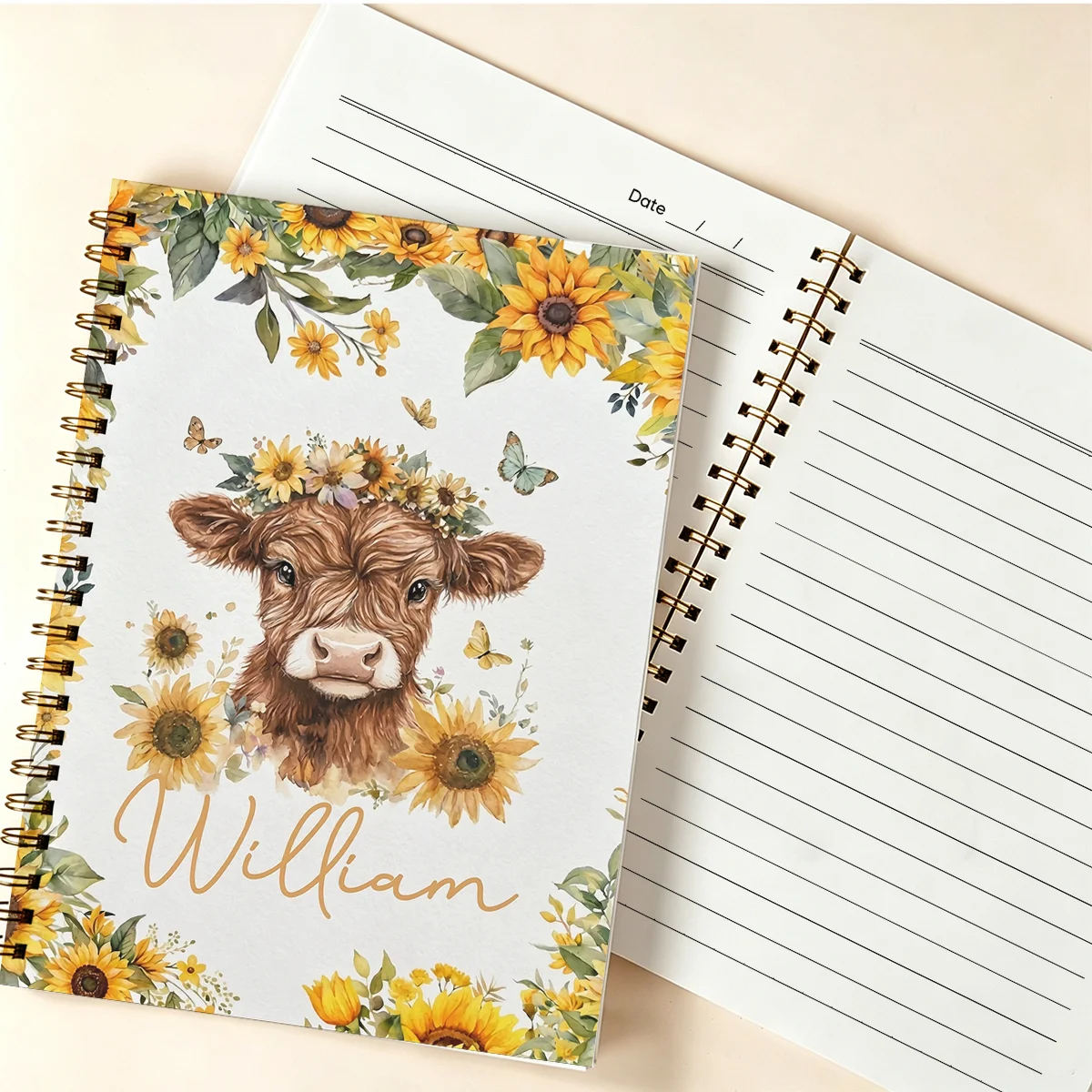 Personalized A5 Spiral Notebook Highland Cow Sunflower Custom Name Journal Lined Notebook Farm Animal Gift Stationery