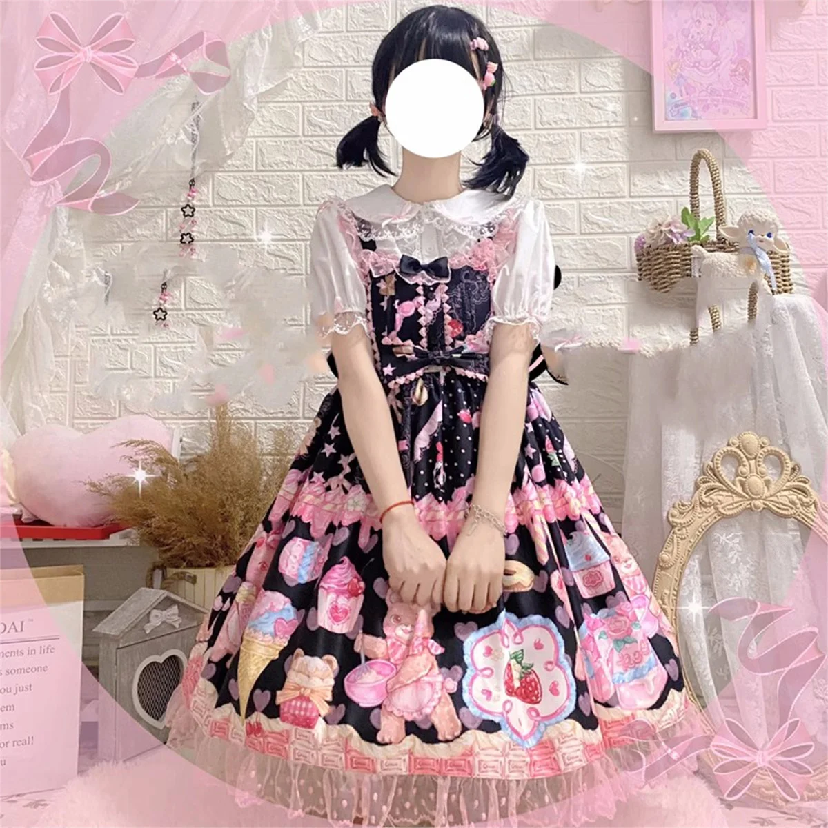 Japanische süße Art kawaii loli lolita jsk Mädchen cosplay niedlichen Druck Bär Erdbeeren Eis Punkt Spitze Rüschen Kleid