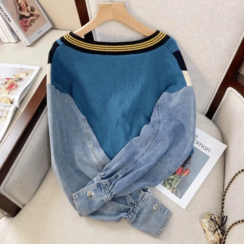 Korean Striped Knitted Cardigan Jacket Autumn Casual Fashion V-Neck Denim Stitching Top Loose Y2k Street Knit Sweater Coat Women