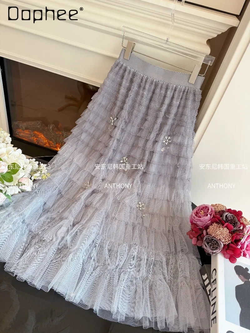 

French Fairy Style Sweet Tutu Skirt Women's Spring 2026 New Heavy Industry Diamond Elastic Waist Cake Skirt Fashion Long Skirts