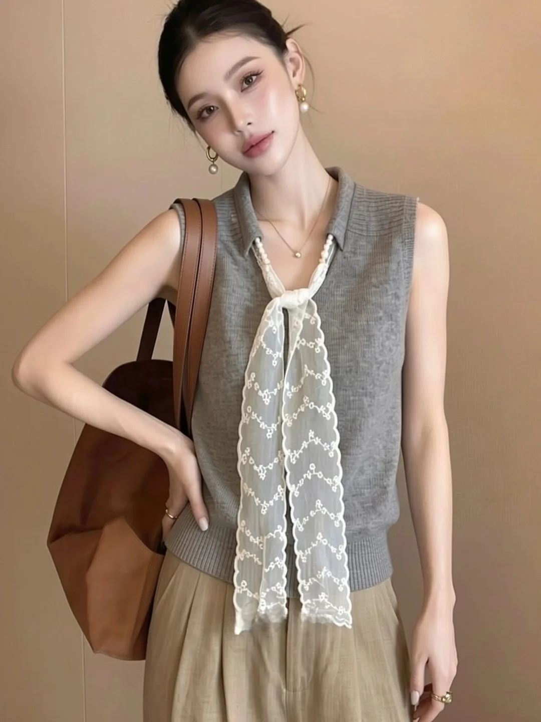Gray  Neck Silk Scarf Belted Strap Vest Women Design Sensation Sleeveless Knitted Outerwear Top Polyester Acrylic Fiber