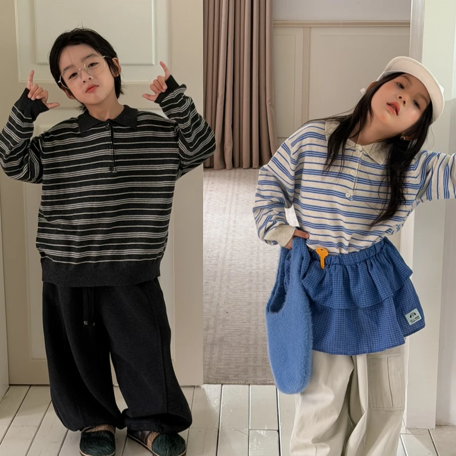 Boys T-shirt 2026 Spring and Autumn New Children's Clothing Korean Style Boys and Girls Lapel Casual Striped T-Shirt