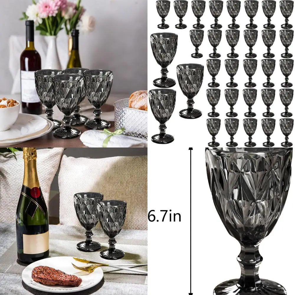 

Set of 32 Durable Plastic Wine Glasses, 12oz Stemmed Cups with Elegant Embossed Design, Ideal for Weddings and Parties, Black