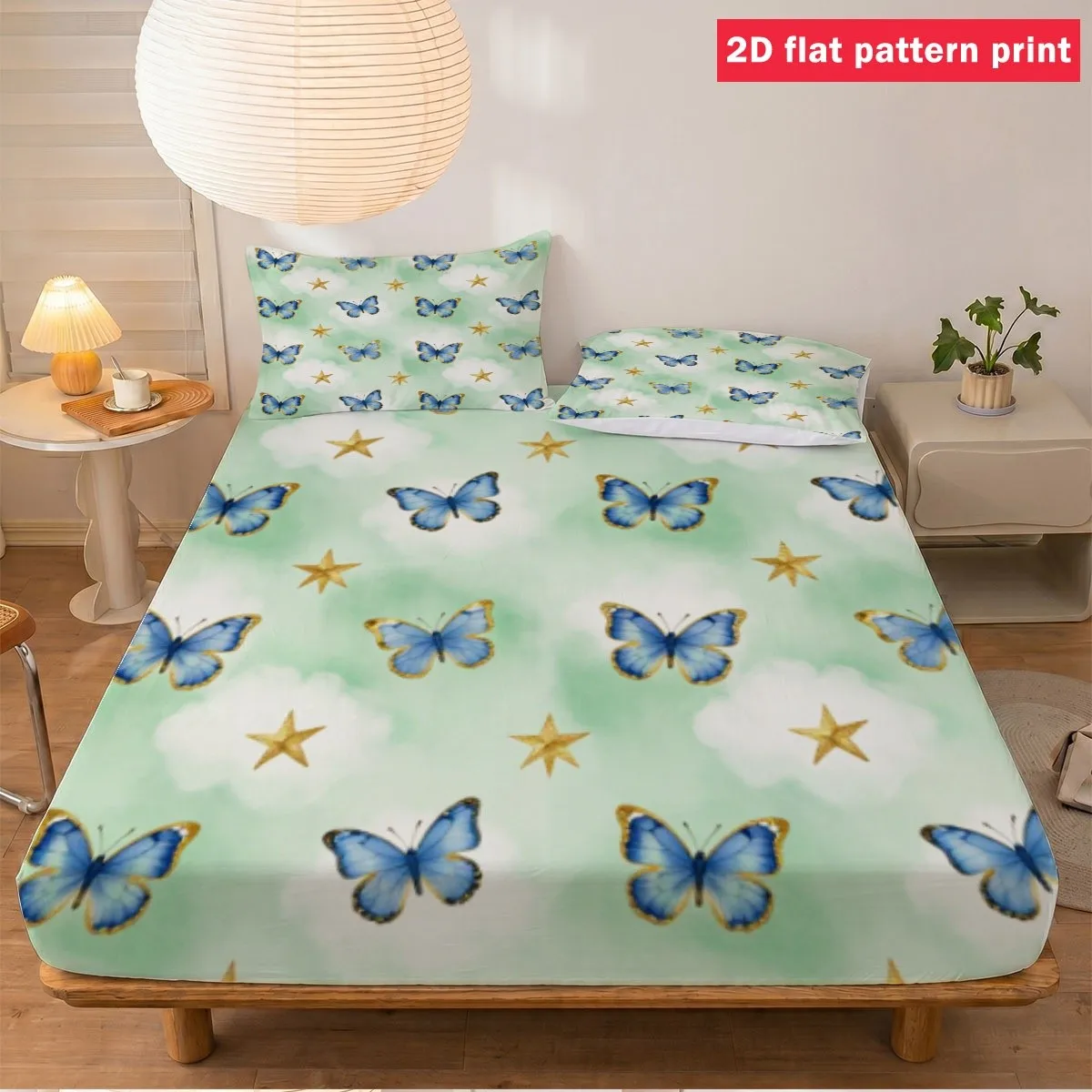 Mattress Protector with Pillowcase, Fun Starry Sky 2D Digital Print Bedding Set, Light Green Background with Blue and Gold Embellished Butterflies, Golden Stars and Fluffy White Clouds, Various Sizes, Mattress Cover, Fitted Sheet Cover, Mattress Protector, Elastic Fitted Sheet Cover, King/Twin/Queen Size, Master Bedroom and Guest Room Decoration, Dust-Proof and Stain-Resistant, High Elasticity, Fits Various Sizes