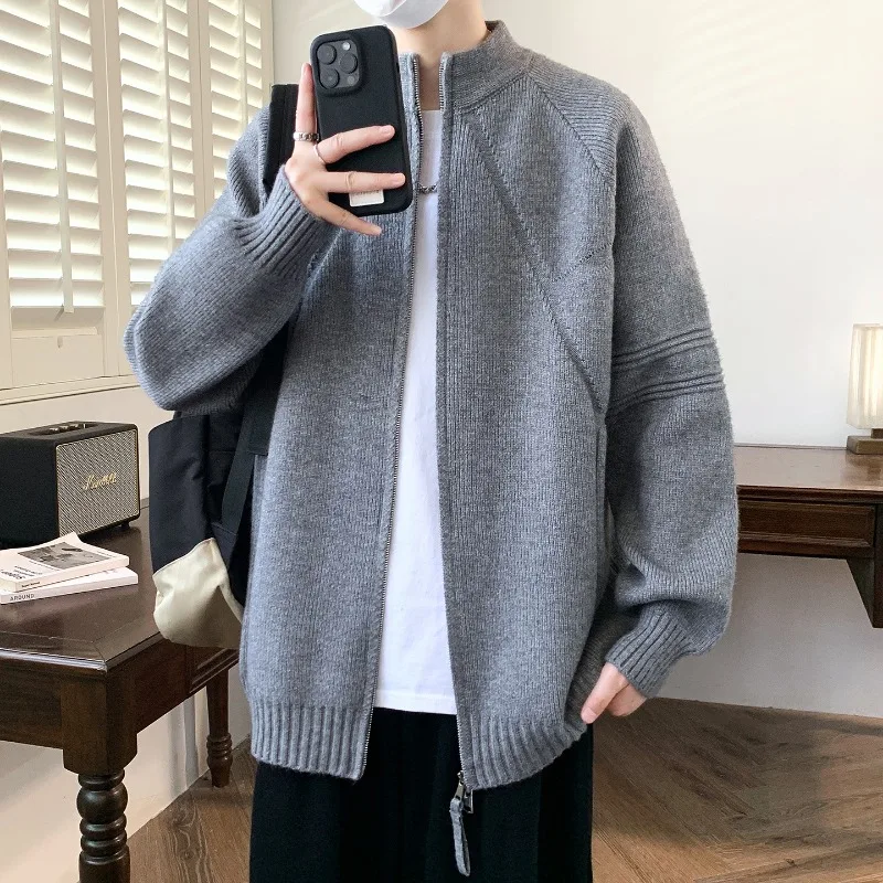 

Korean Style Stand Collar Zipper Sweater Men's Lazy Style Knitted Cardigan Jacket Fashionable Top