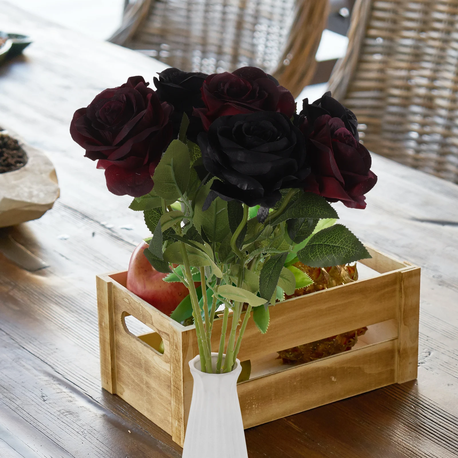 

8Pcs Artificial Rose Flowers Black Bride Plastic Stems Home Decor Faux Wedding Party Floral Arrangement
