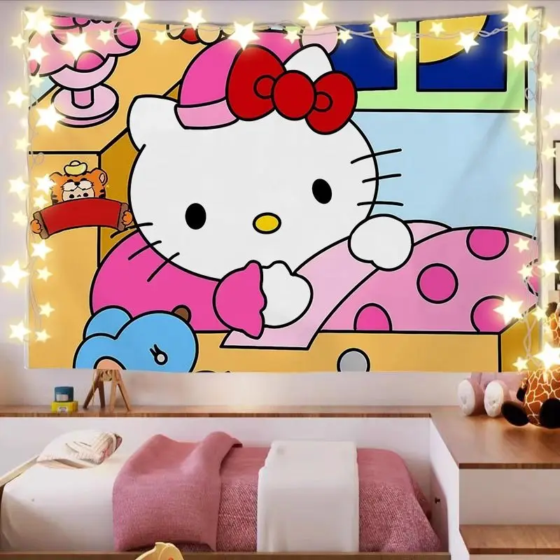1pc  Hello Kitty Cartoon Background Fabric Series Rental House Dormitory Bedroom Decoration Wall Tapestry Bedhead Decoration