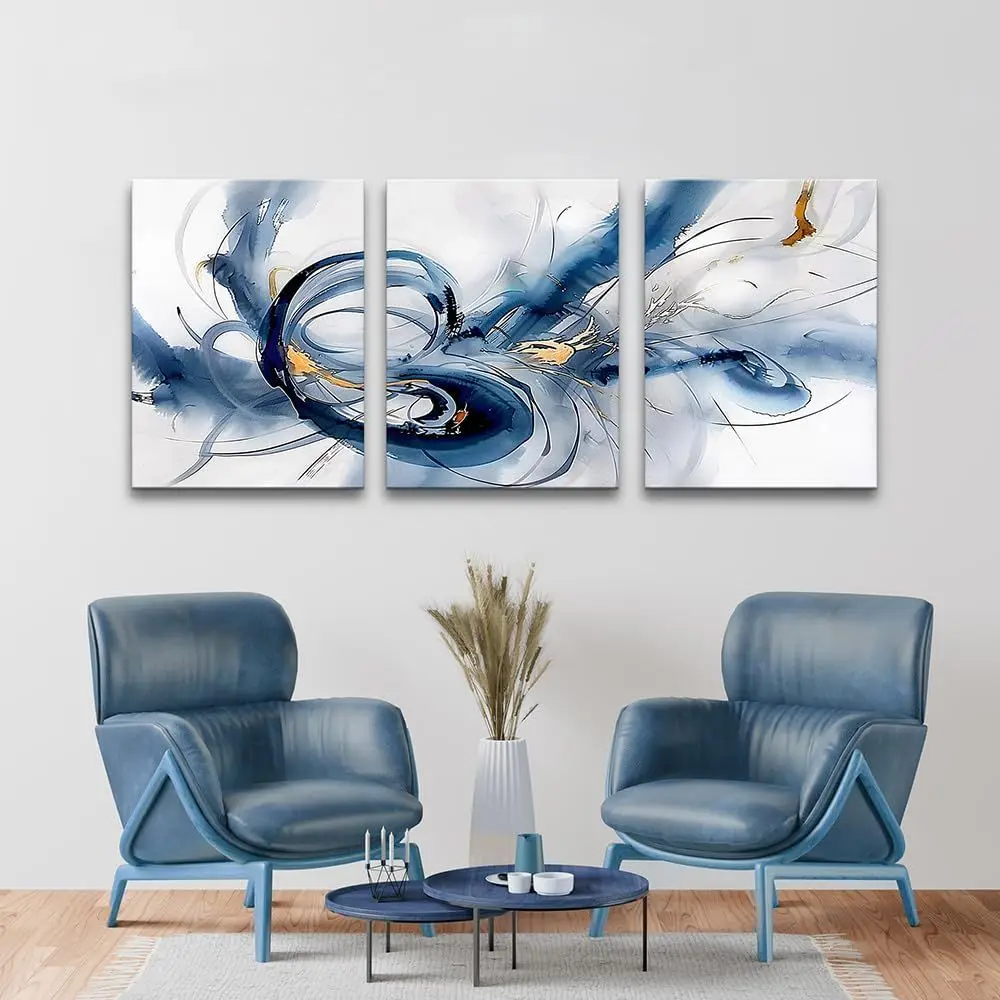 Modern Minimalist Blue Ink Art - 3-Piece Wall Decor for Home & Office
