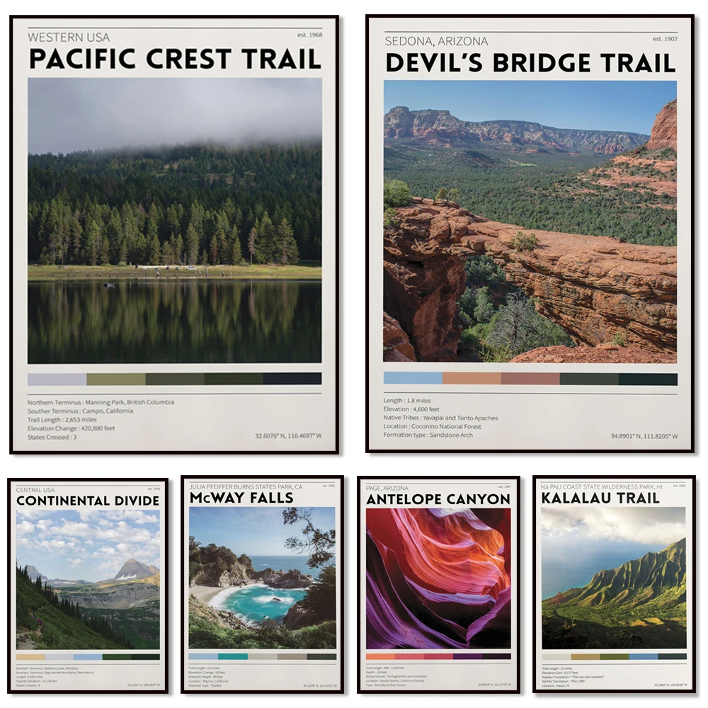 Antelope Canyon Arizona, Appalachian Trail, Kalalau Trail, John Muir Trail, Continental Divide Retro Travel Poster Home Decor
