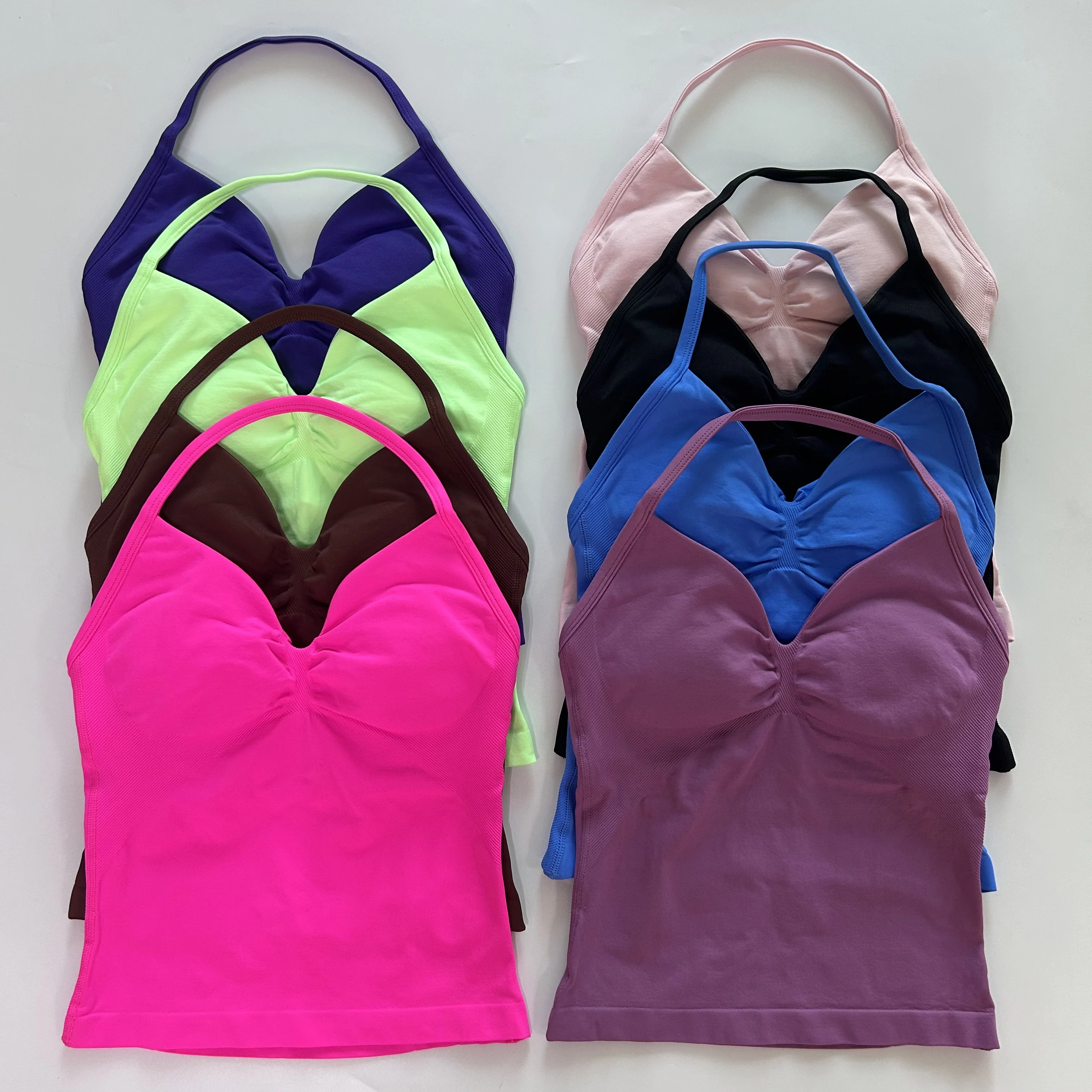 No Logo Longline Strappy Top Women Seamless Yoga Tank Tops Buit-in Bra Ruched Backless Gym Clothes Sleeveless Shirt Workout Top