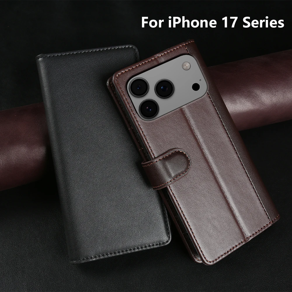 

100% Genuine Leather Phone Case For iPhone 17 Air 17ProMax Cover For iPhone 16 15 14 Plus 13 12 Pro Max 11 Wallet Holder Coque