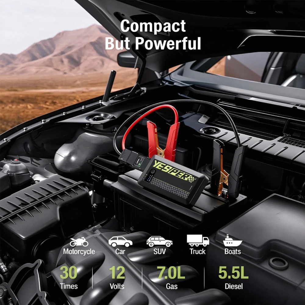 YESPER 1500A Jump Starter ARMOR Mini 12V Car Battery Emergency Boosters 12000mAh Power Bank for Car Motorcycle SUV Truck 7/5.5L