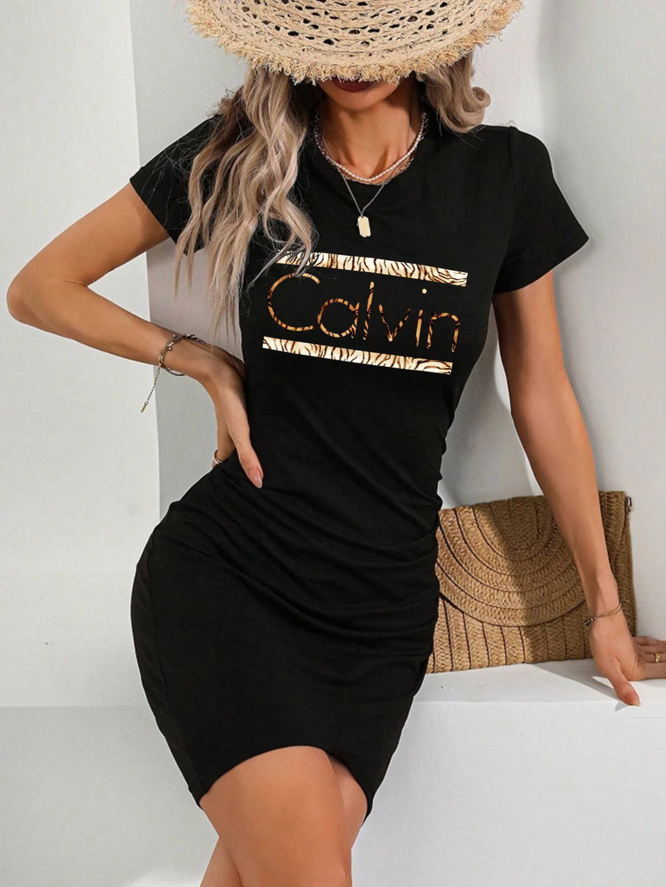 Verano mujer moda Calvin patrón estampado casual sexy ajustado ajustado manga corta cuello redondo camiseta mini falda