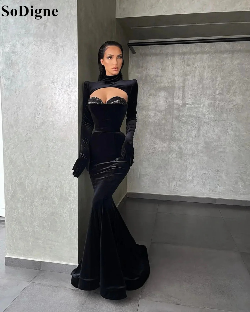 SoDigne Black Velvet Mermaid Evening Dresses High Neck Sequins Long Sleeves 2024 Sexy Party Prom Gowns for Women Custom Size