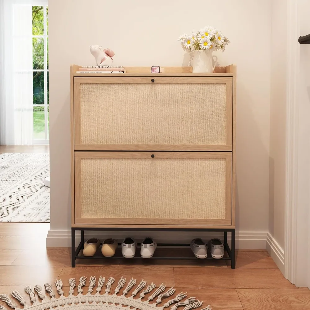 

Narrow Shoes Storage Cabinet with 2 Flip Drawers, Freestanding Shoe Organizer Slim Shoes Cabinet Storage, Wooden Closed Shoe Rac