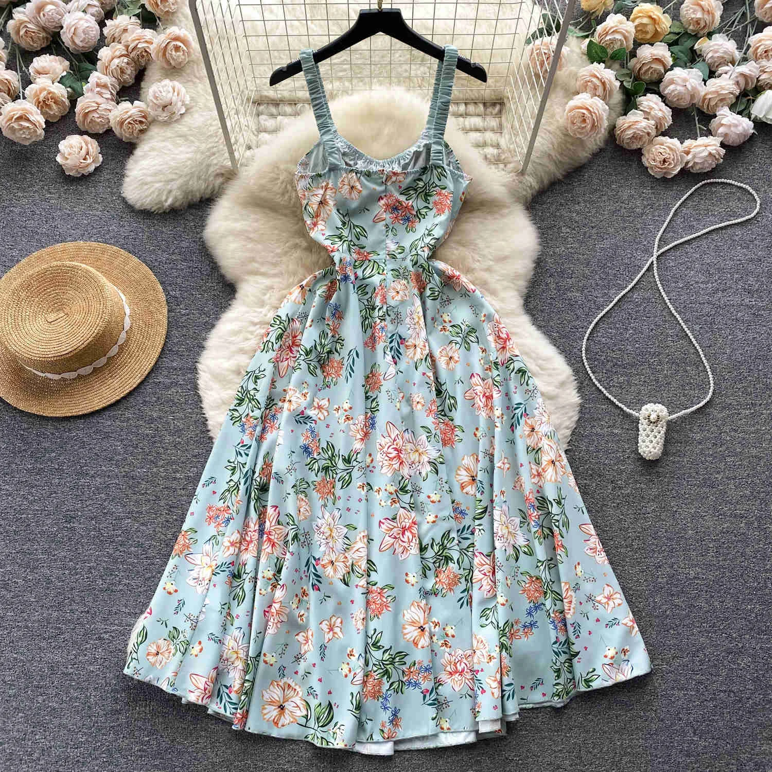 French Women Sweet Summer Floral Print Dress Vintage Style Spaghetti Strap Sleeveless High Waist Slim Big Swing Midi Party Dress