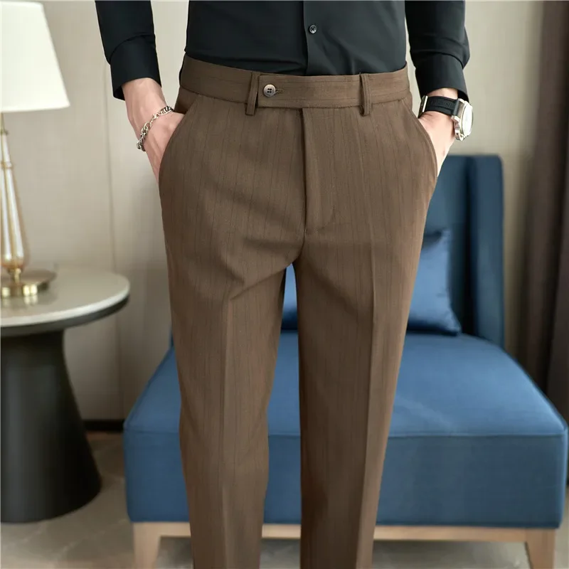 Men Stripe Suit Pants 2024 Autumn New British Style Color-woven Textured Trousers Slim Fit Dress Pants Solid Casual Men Clothing