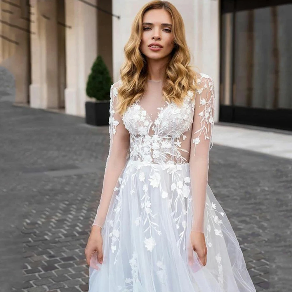 Robe De mariée à manches longues en Tulle blanc, Vintage, avec des Appliques en dentelle, personnalisée sur mesure, superbe