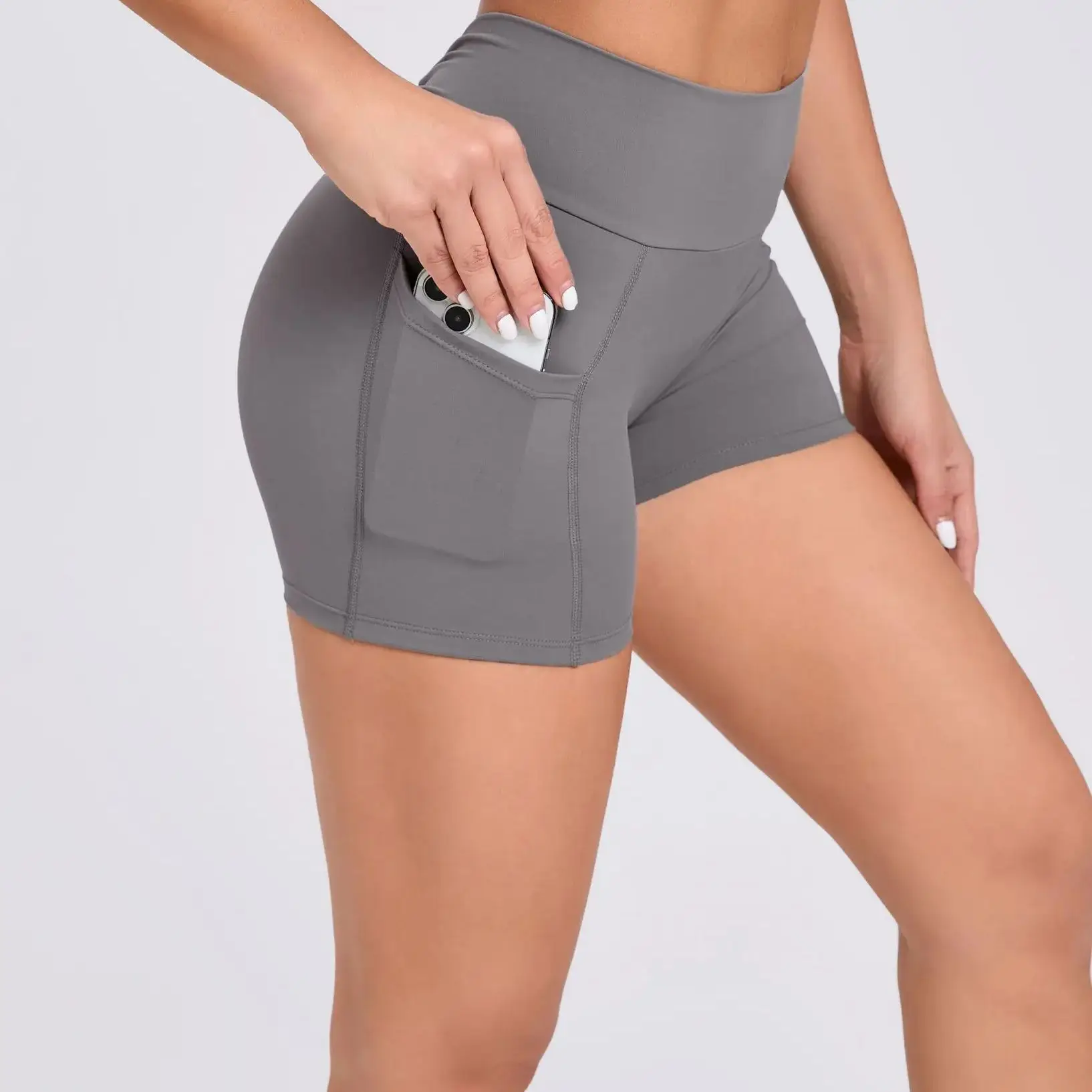

Side Pockets Sports Shorts Women's Elastic Slim Back V-Waist Shorts Gym Exercise Running High Waist Shorts Yoga Fitness Shorts