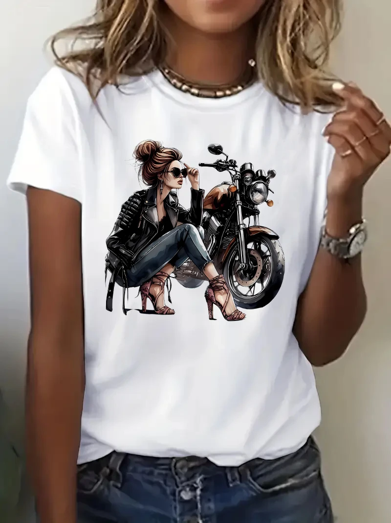 Retro Motorcycle Women Print T-shirt 2000s Gothic Women's Casual  Short Sleeve T Shirt Clothing Top Tee