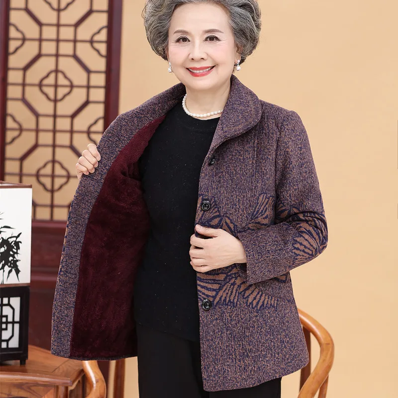 Thick Velvet Middle-Aged Elderly Mother Autumn Winter New Woolen Coat Lapel Single-Breasted Wool Ladies Jacket Women's Overcoat