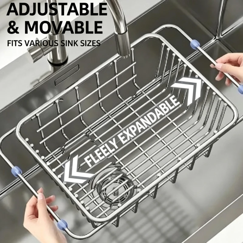 Adjustable Stainless Steel Sink Dish Drying Rack Expandable Over Sink Organizer for Kitchen Countertop Storage