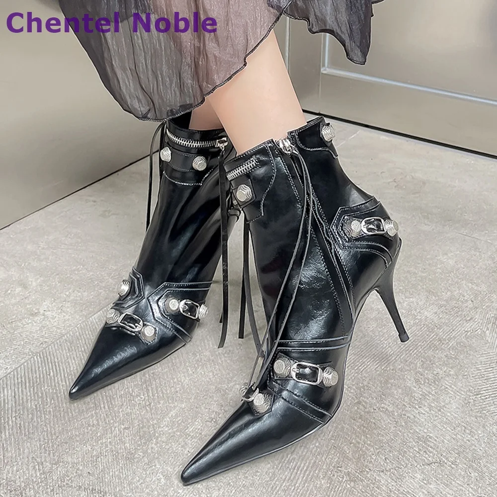 Black Rivet Short Boots Pointy Toe Zipper Thin High Heels Ankle Boots Fashion Sexy Comfortable Leather Women Shoes Winter Autumn