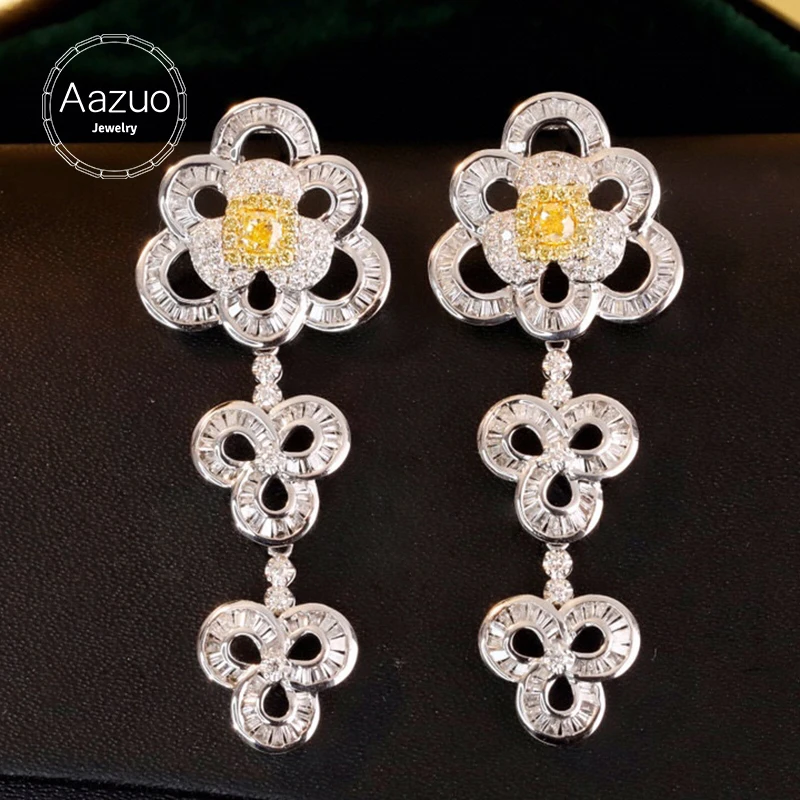 

Aazuo 18K Gold High-end Jewelry Real Yellow&White Diamonds Luxuly Big Flower Drop Earring Gifted For Women Wedding Party Au750