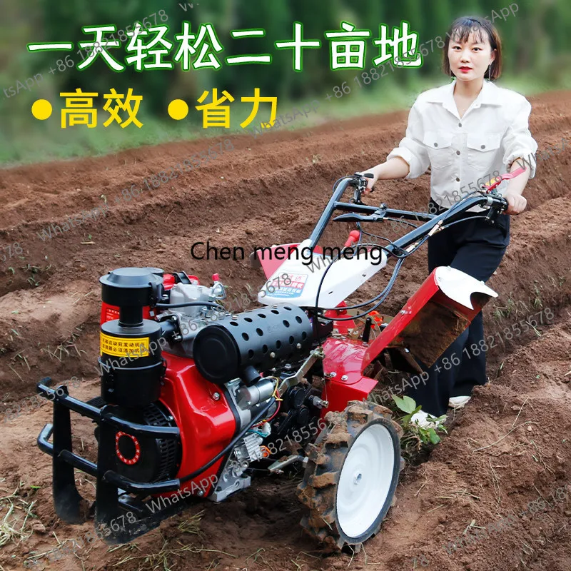 Four-Wheel Drive Micro-Tiller for Home Use, Multi-Functional Small Cultivator for Farming, Hand-Held Rotary Tiller for Plowing