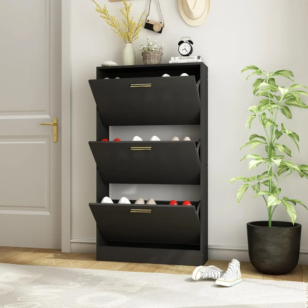 

Shoe Cabinet for Entryway Slim, Narrow Shoe Storage Cabinet with 3 Flip Drawers, Wood Hidden Shoe Storage