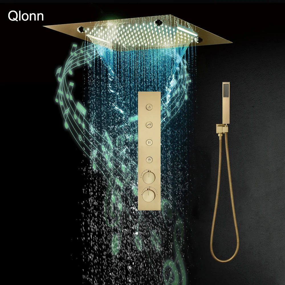 

Qlonn Ванная комната Кнопочный тип душевой системы Набор умных термостатических смесителей с переключателем Матовое золото 20-дюймовая светодиодная музыкальная насадка для душа