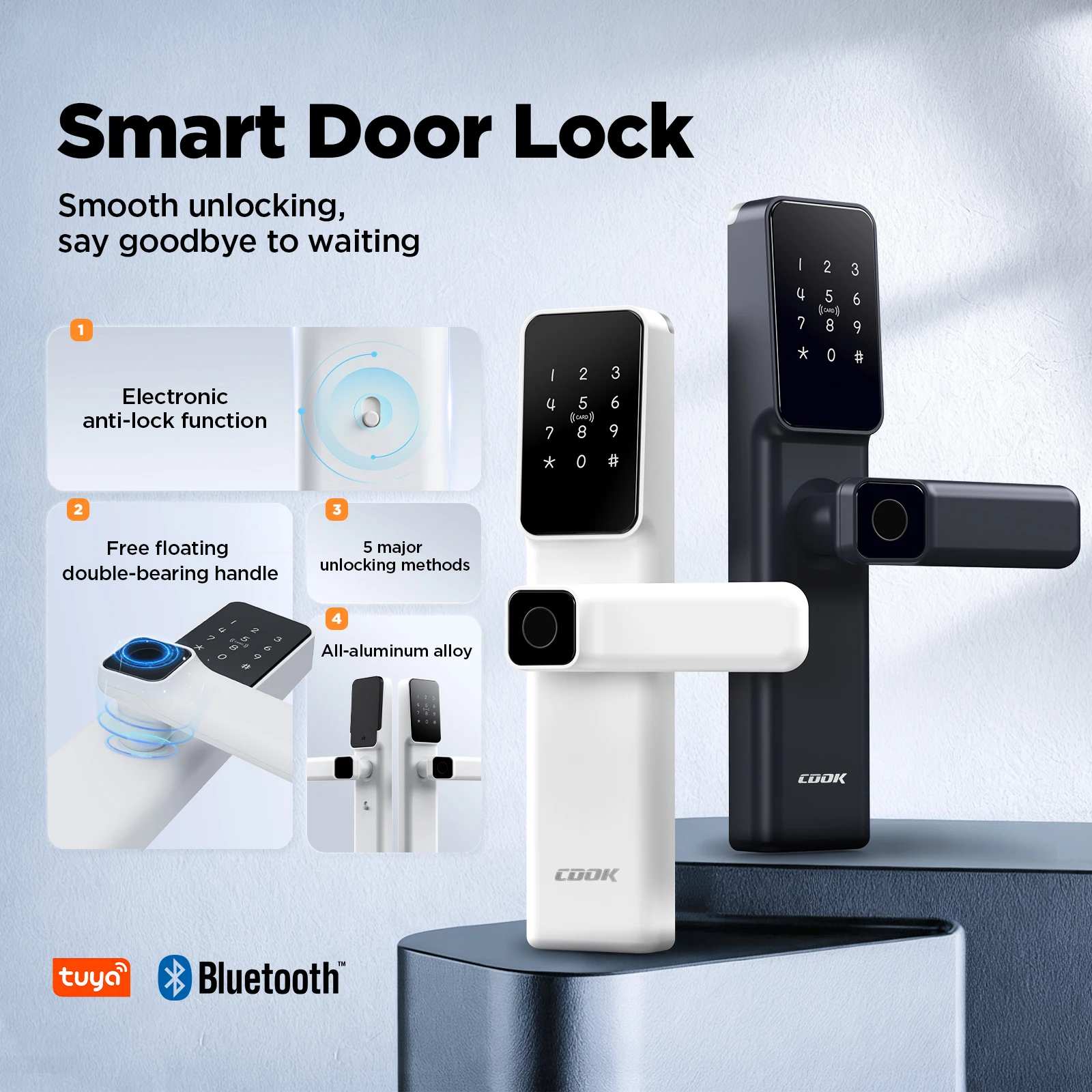 P30 Tuya BLE Smart Door Lock,5‑in‑1 Unlock:Fingerprint/Passcode/IC Card/Tuya APP/Key,9‑Language Adjustable Screws Security Lock