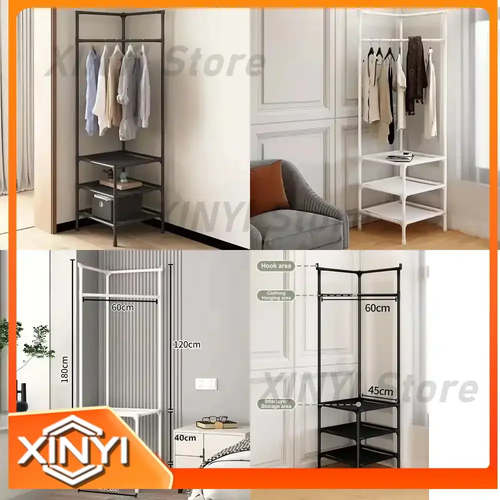 Bedroom Corner Coat Rack Cabinet for Hanging Clothes Storage Shelf Floor Standing Metal Clothing Hanger Multi Function Racks