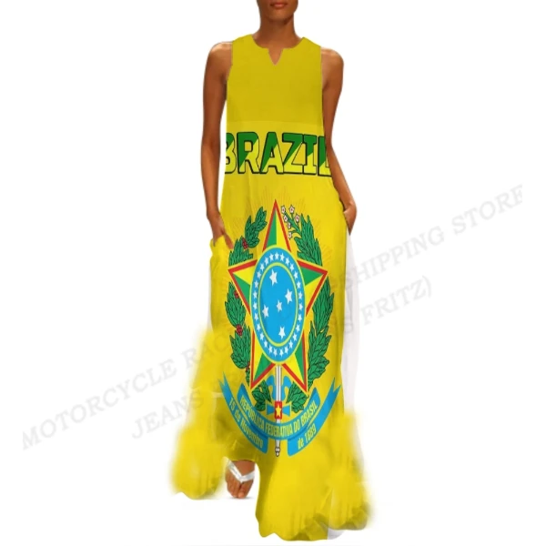 Brazil Flag Dress Women Fashion V-neck Long Dress Party Evening Casual Brasil Women Dresses Elegant Boho Maxi Vestido Beach Robe