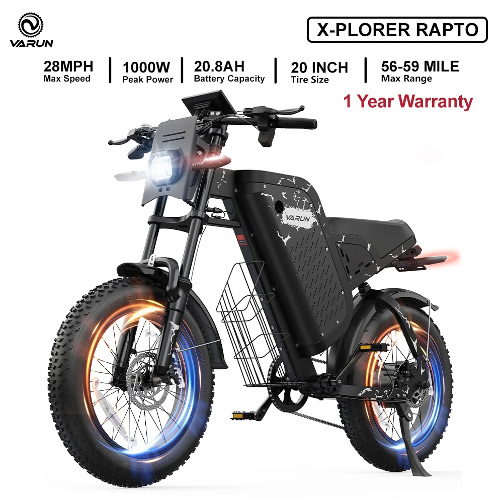 Bicicleta eléctrica para adultos Varun X-Plorer Rapto, potencia máxima de 1000 W, 48 V 20,8 Ah, neumático ancho 20"x4, 28 MPH, bicicleta eléctrica UL 2849, 1 año de garantía