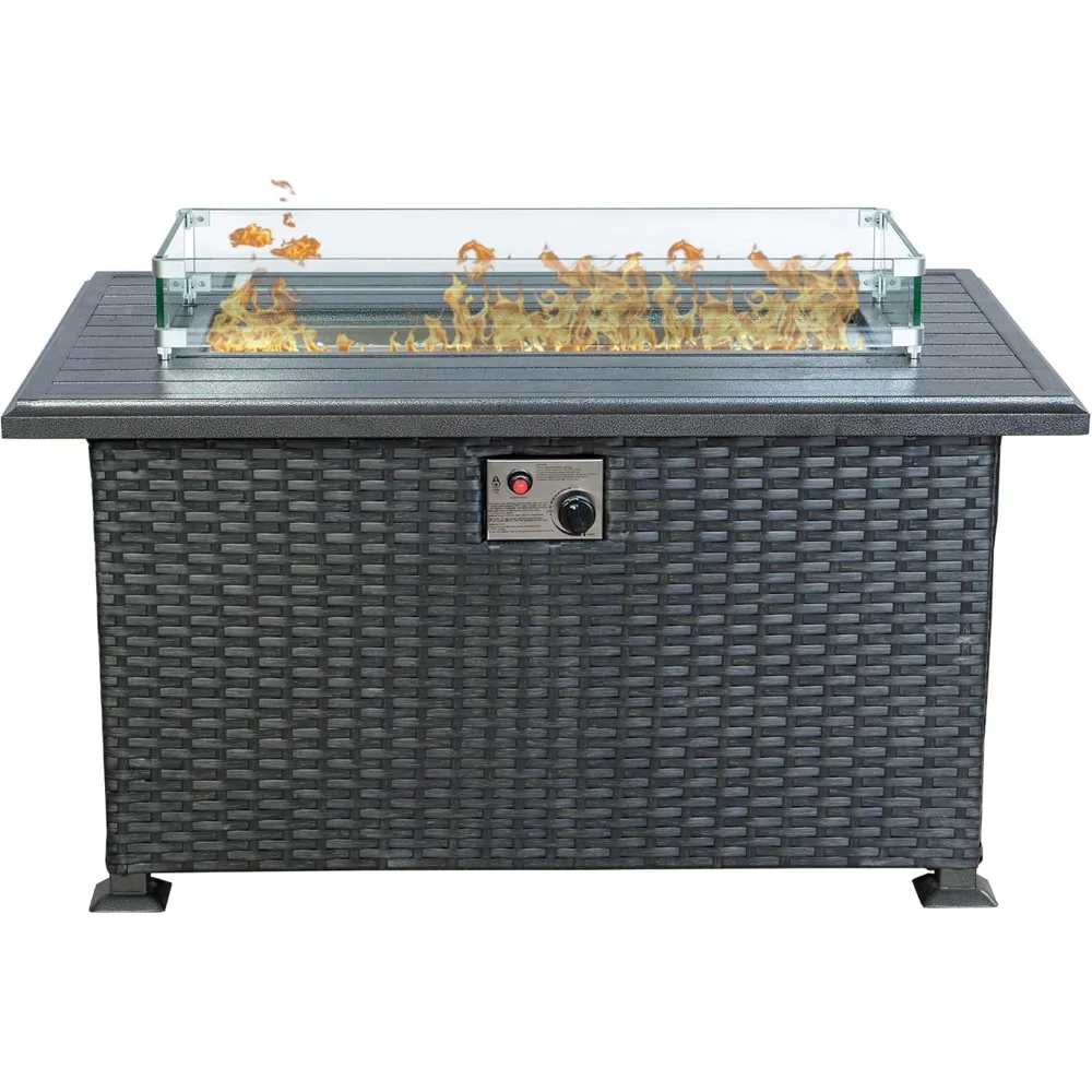 Propane Gas Fire Pit Table with Aluminum Tabletop and Glass Wind Guard, Clear Glass Rocks, and Slide Out Tank Holder, Fire Table