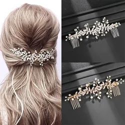 Crystal Pearl Hair Comb Clip Pin Rhinestone Leaf Hair Comb Headband Tiara For Women Bride Wedding Hair Accessories Jewelry Comb