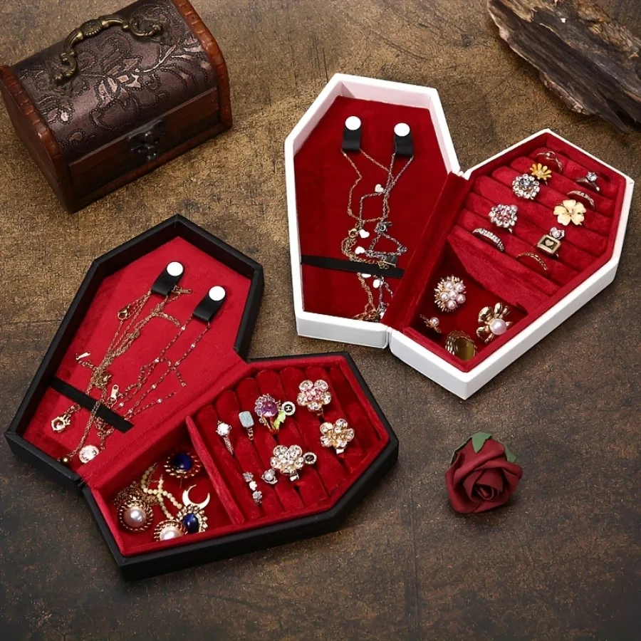 1/2/4pcs Halloween Gothic Coffin-Shaped Jewelry Box PU Multi-Compartment Organizer for Earring Necklace Ring Halloween Gift Case view 5