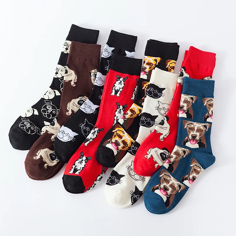 Funny Cartoon Animal Men Socks Middle Tube Cotton Colorful Dog Cat Patterns Crew Socks Soft Red Black White Color Socks