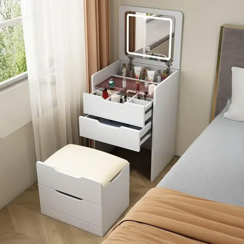 Large White 3-in-1 Vanity Desk with Flip-Up Mirror, Lights, 3 Drawers, Storage and Chair