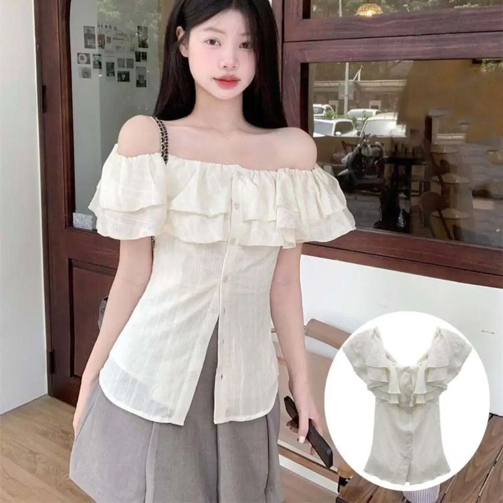

Korean Boat Neck Off Shoulder Tops Shirt Ruffle Beige Short T-shirts Ins Style Thin Y2K Short Sleeves Tops Women Lady