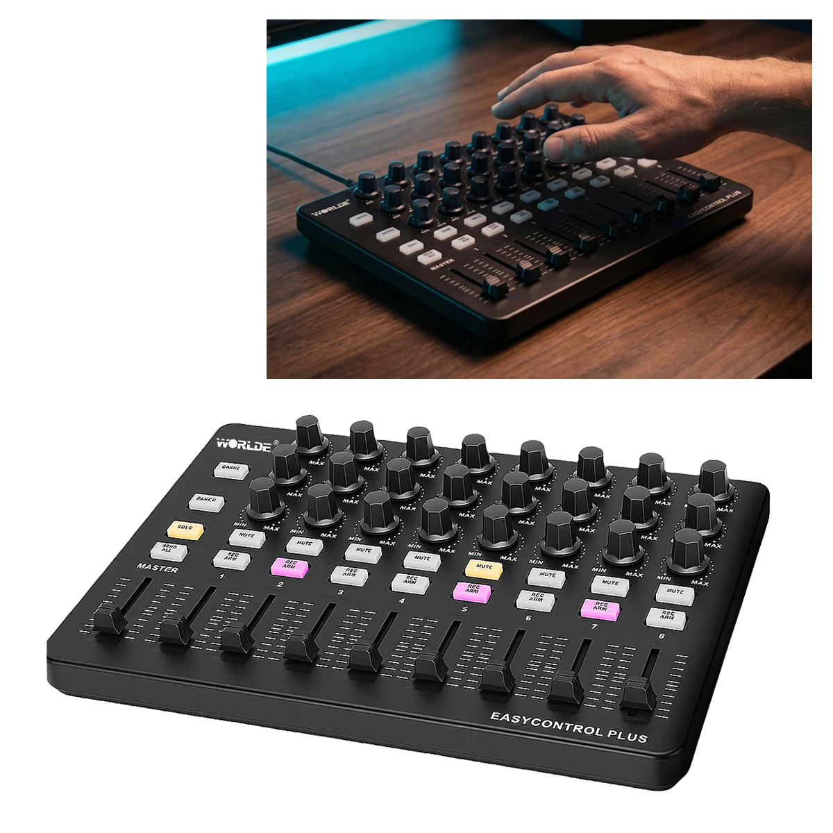Worlde Easycontrol Plus USB MIDI Controller – 24 Assignable Knobs, 9 Faders, 18 Programmable Buttons, Send All Function,16 Banks