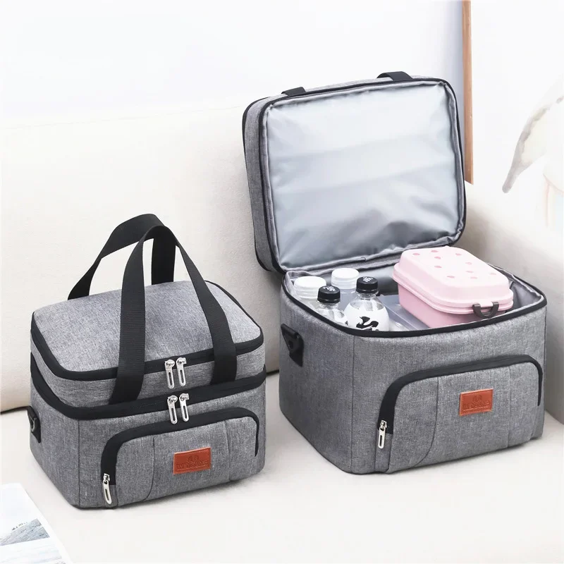 Insulated Double-Layer Tote Cooler Bag - Large Capacity Lunch Box Women/Men, Leakproof Picnic & School Bag with Adjustable Strap